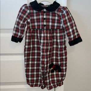 VINTAGE Plaid Kids One Piece Black and Red Accents Scottie Dog Fuzzy Sleeves